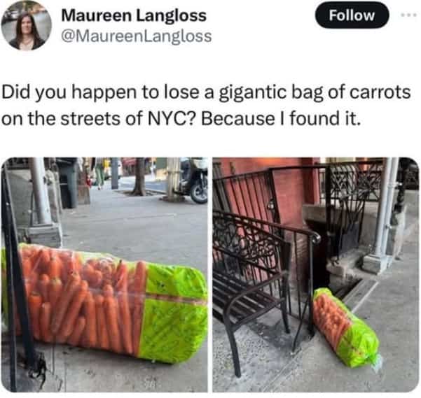 A massive commercial sized bag of carrots abandoned on a sidewalk in New York City.