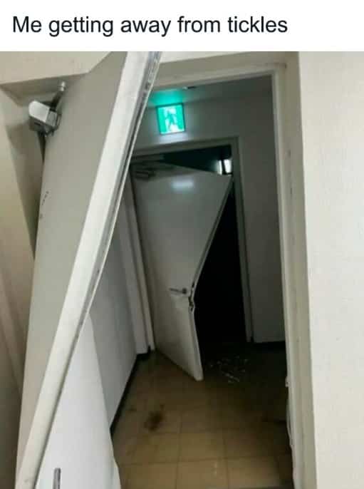 Humorous image of several white interior doors smashed and bent out of their door frames.