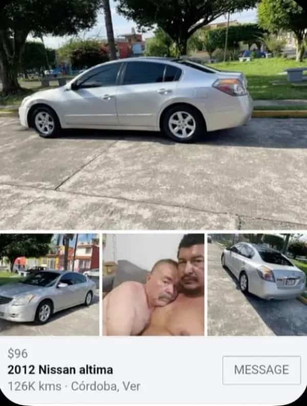 Marketplace listing for a 2012 Nissan Altima accidentally including an intimate photo of two men.