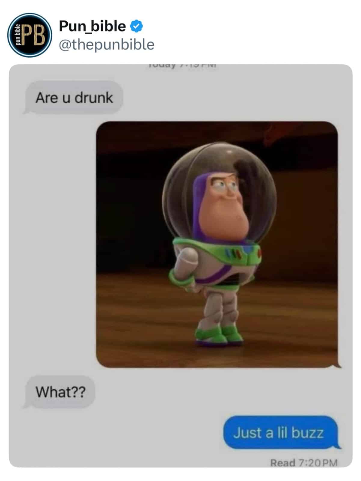 A text message thread and punny meme where one person asks "Are u drunk" and the recipient replies with a confident picture of Buzz Lightyear and the funny pun, "Just a lil buzz."