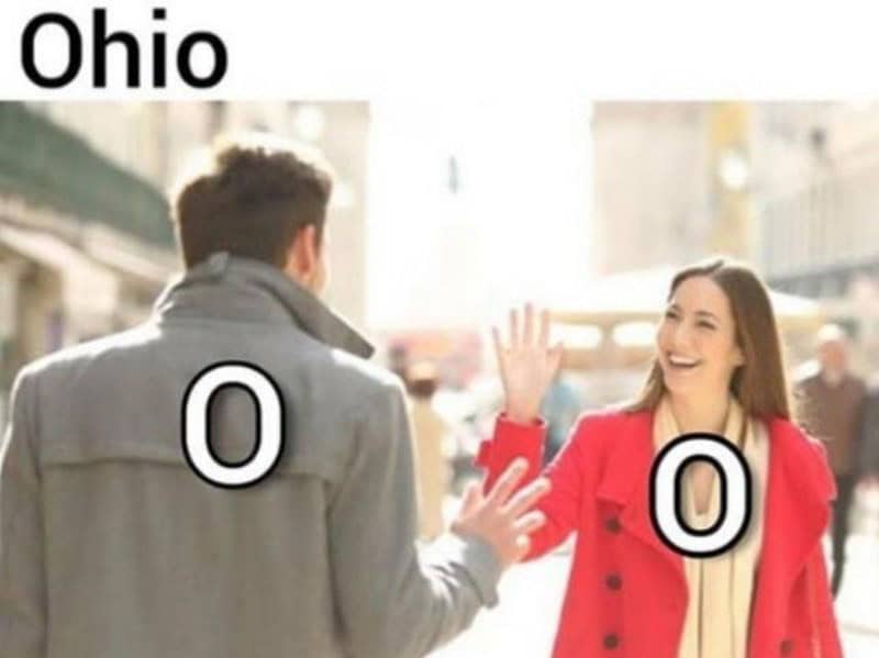 visual punny meme titled "Ohio" where two people waving "Hi" are labeled with the letter "O," creating the phonetic spelling "O-Hi-O."