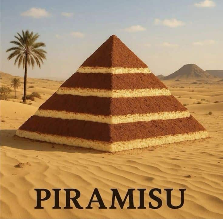 surreal funny pun image showing a massive Egyptian pyramid in the desert constructed out of layers of tiramisu cake, captioned "PIRAMISU."