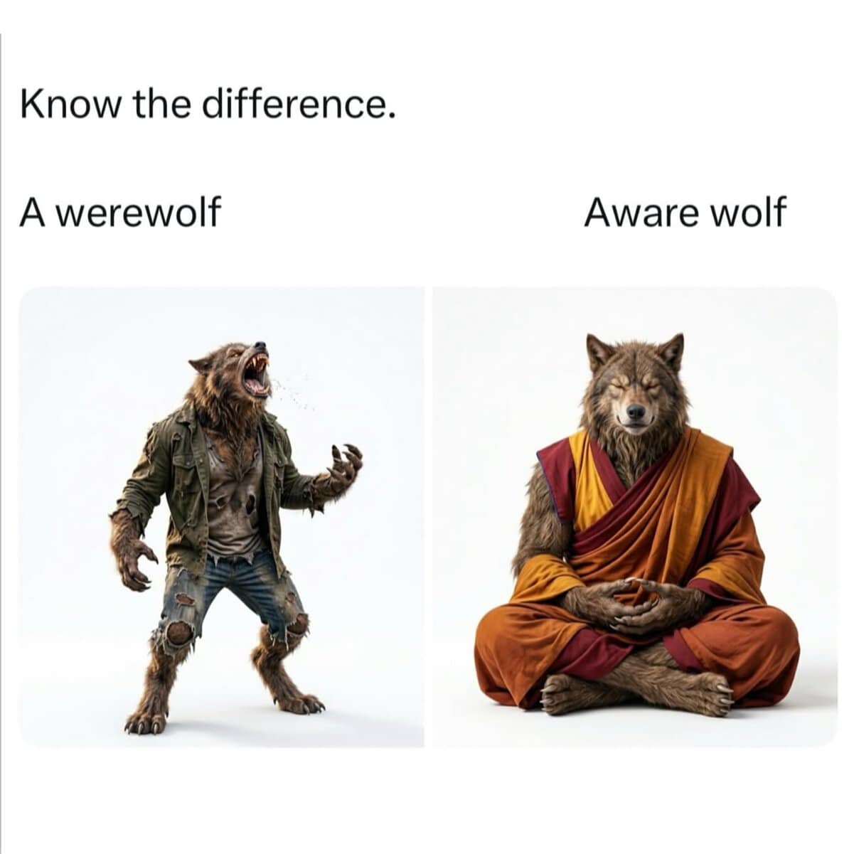 funny pun graphic labeled "Know the difference" comparing a vicious "werewolf" snarling in tattered jeans to a peaceful "Aware wolf" meditating in saffron monk's robes.