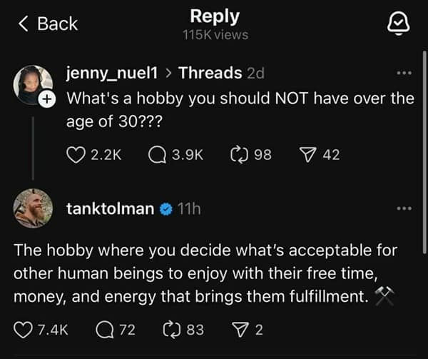 social media exchange on Threads where a user asks about inappropriate hobbies for people over 30. The responder delivers a sophisticated funny roast directed at the original poster's judgmental attitude, suggesting they mind their own business.
