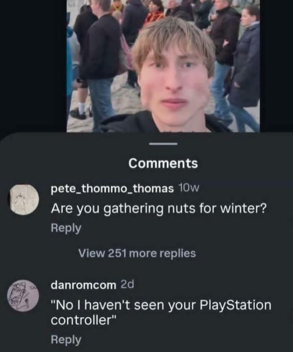 A selfie of a young man with exceptionally prominent, square cheekbones and a sharp jawline. The comment section includes a funny insult asking if he’s gathering nuts for winter or if he swallowed a PlayStation controller.