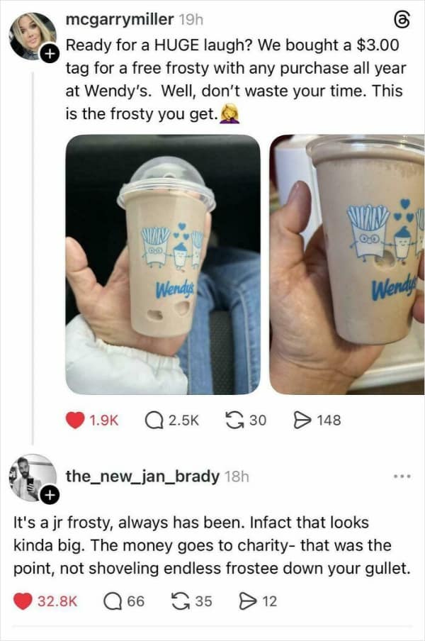 A social media post of a woman complaining about the small size of a free Wendy's Frosty. A reply provides a sharp funny insult, reminding her the promotion is for charity, not for shoveling endless sugar down her gullet.