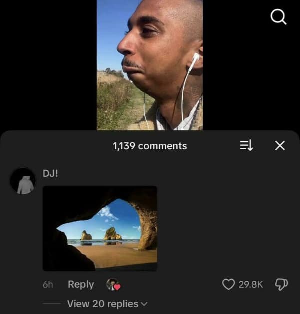 A profile shot of a man with a distinct chin and neck silhouette. A comment uses a landscape photo of a rocky sea cave as a funny roast because the cave opening perfectly matches the man's side profile.