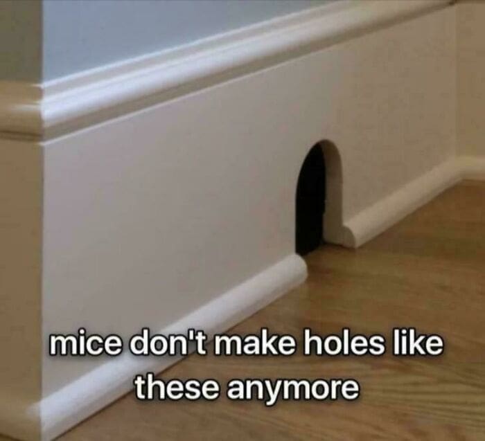 Clean white baseboard showing a perfectly curved cartoon style mouse hole archway.