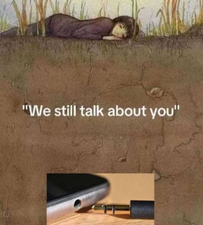 Illustration of a phone headphone jack juxtaposed against a poignant quote about remembering someone.