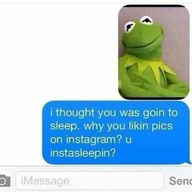 A relatable funny text calling out a friend who said they were going to sleep but got caught liking photos on social media, resulting in the invention of the term "instasleepin."