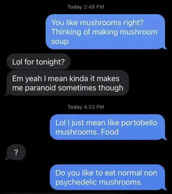 funny text misunderstanding where an offer to make "mushroom soup" leads to the recipient admitting they get paranoid on mushrooms, forcing a clarification about "normal non psychedelic" portobellos.