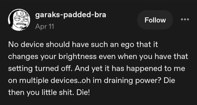 Smartphone auto-brightness software overriding a user's manual settings is skewered in a funny Tumblr post that dramatically opts to let the battery completely die out of pure spite.