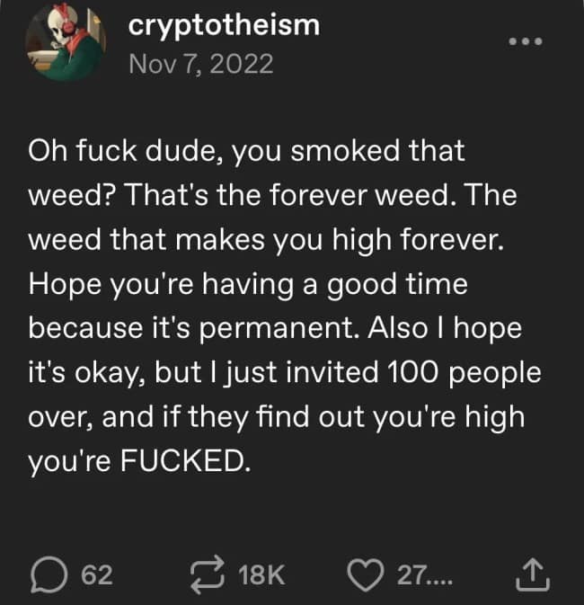 A text post by cryptotheism creates a mock paranoia scenario about accidentally smoking "forever weed" right before a massive house party, forming a relatable funny Tumblr post about classic anxiety spirals.