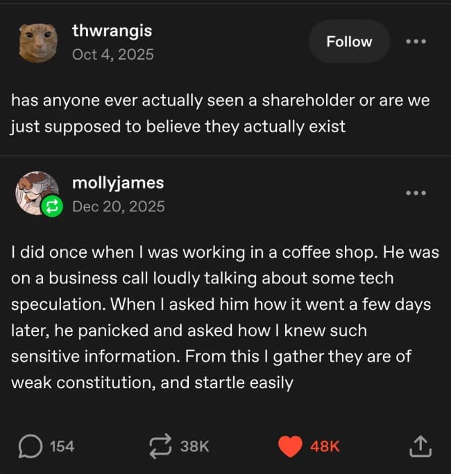 A corporate satire text thread on a funny Tumblr post features users thwrangis and mollyjames joking that financial shareholders are mythical entities of "weak constitution" who startle easily in coffee shops.
