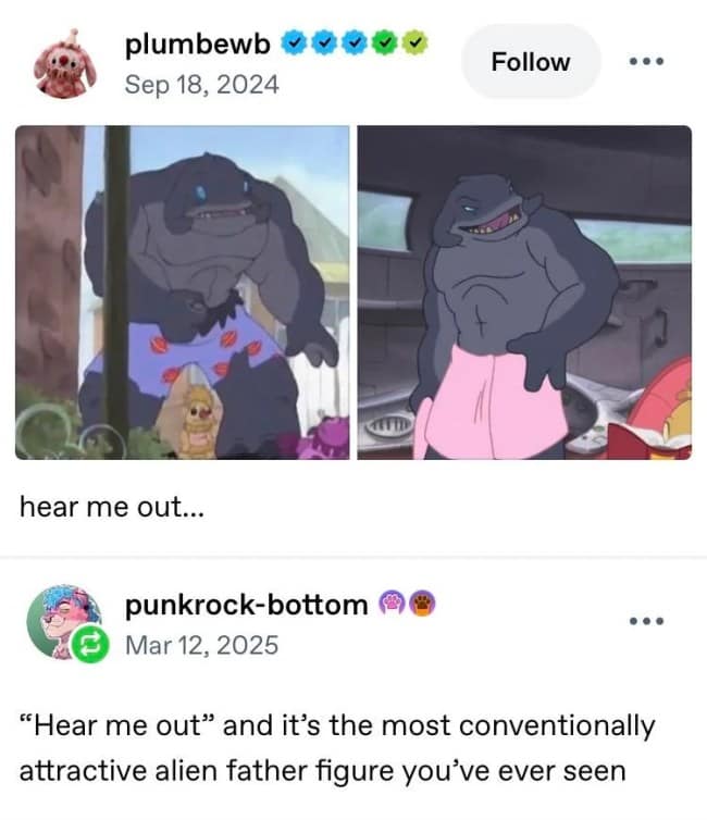 The alien villain Captain Gantu from Disney's Lilo and Stitch flexing in a pink towel is showcased in a funny Tumblr post breaking down the overused internet "hear me out" attractive character format.