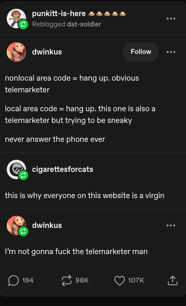 Telemarketer call phobias and modern phone screening logic are dissected in a classic funny Tumblr post thread detailing a user's aggressive refusal to ever pick up a ringing phone.