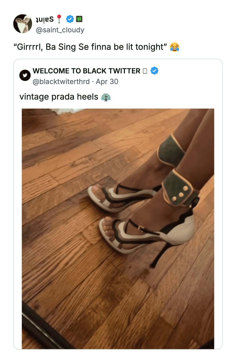 A fashion-forward funny tweet reply to a photo of green-and-tan vintage Prada heels that look like Earth Kingdom footwear from Avatar: The Last Airbender, captioned: "Girrrrl, Ba Sing Se finna be lit tonight."