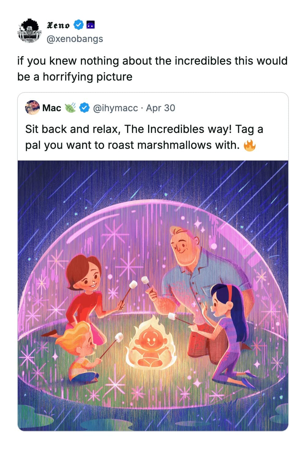 A dark humor funny tweet reply regarding an illustration of the Incredibles family roasting marshmallows over Jack-Jack’s fire form, pointing out that without context, the image is "horrifying."