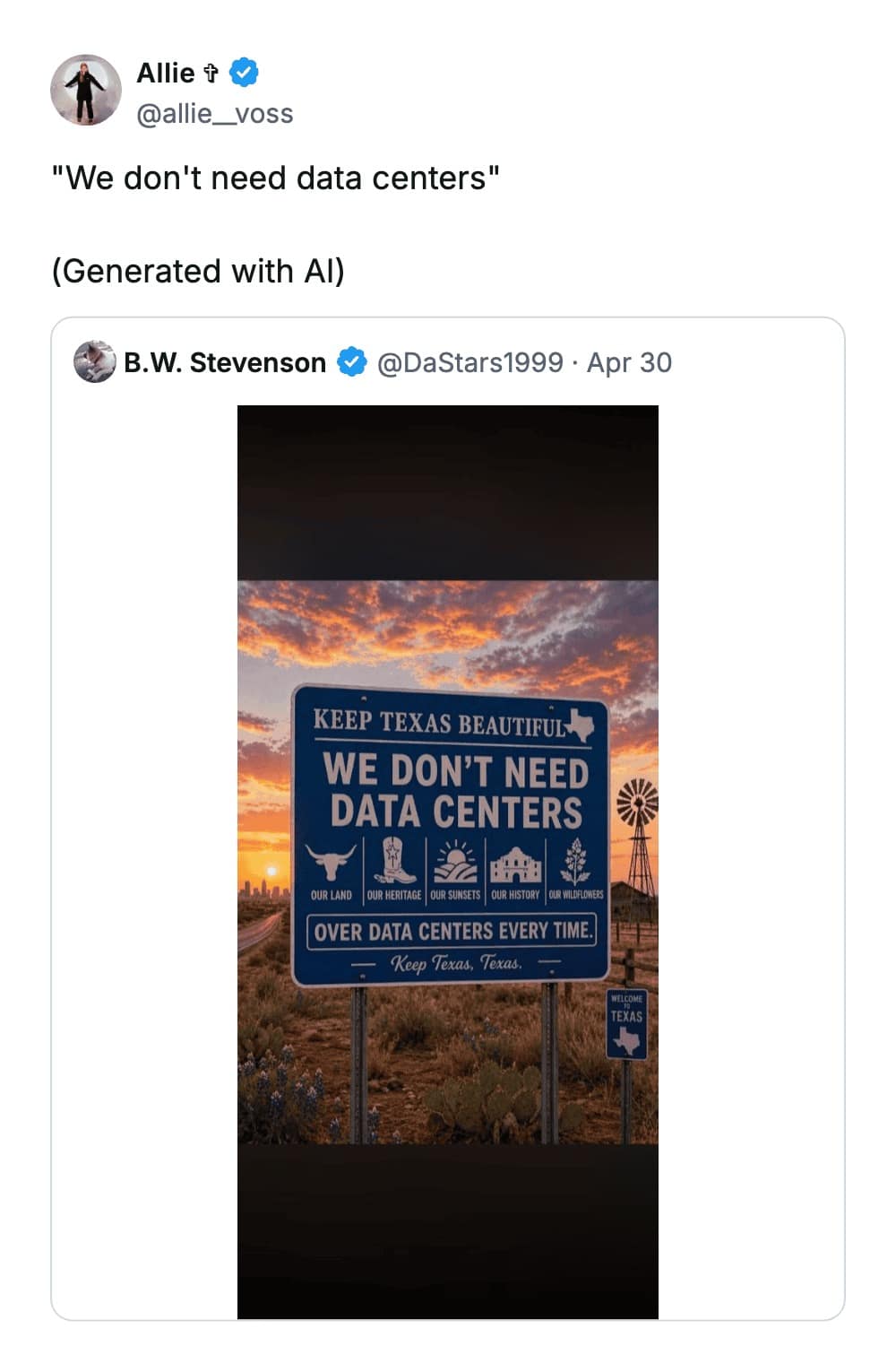 An ironic funny tweet reply to a "Keep Texas Beautiful" sign that claims "We Don't Need Data Centers," with user Allie dryly noting that the entire image was "Generated with AI."