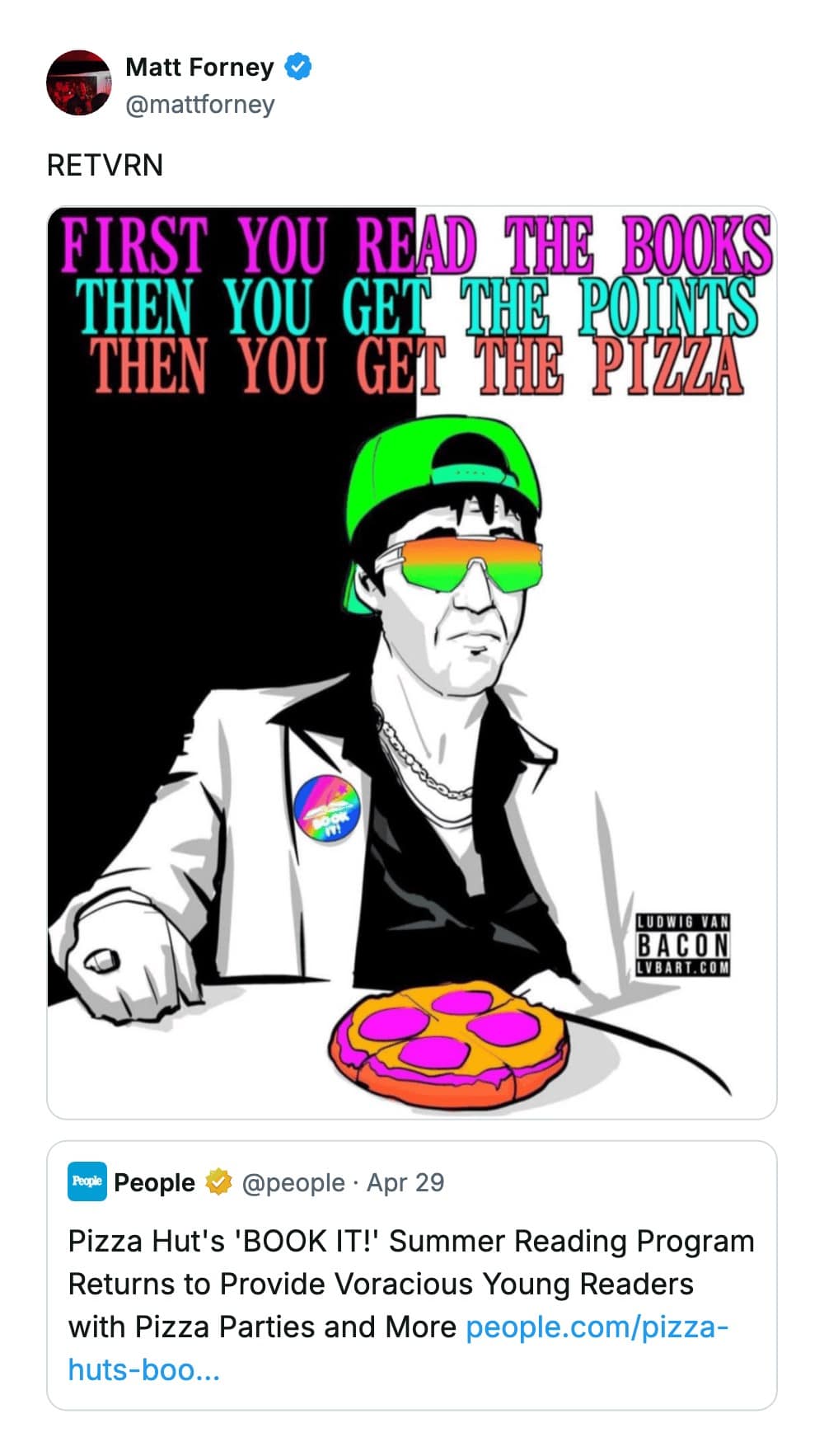 A legendary funny tweet reply celebrating the return of Pizza Hut's 'BOOK IT!' program with a Tony Montana illustration captioned: "First you read the books... then you get the pizza."