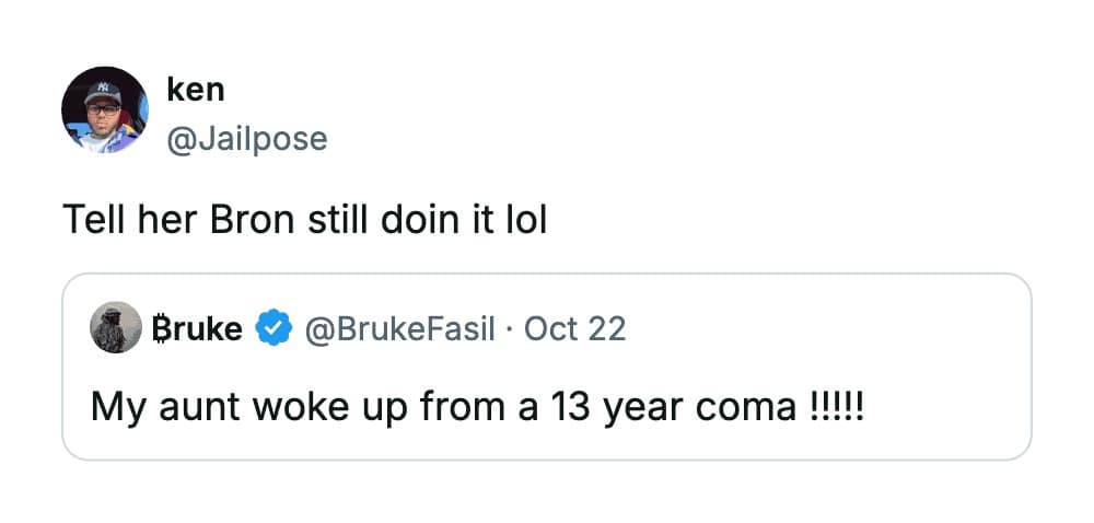 A legendary funny tweet reply to a post about an aunt waking up from a 13-year coma. User @Jailpose suggests the first thing she should be told is that LeBron James ("Bron") is somehow still dominating the NBA.