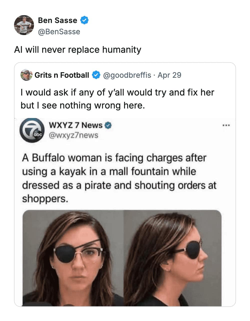 A culturally relevant funny tweet reply to a news story about a woman kayaking in a mall fountain dressed as a pirate. Ben Sasse replies, "AI will never replace humanity," celebrating our innate capacity for chaos.