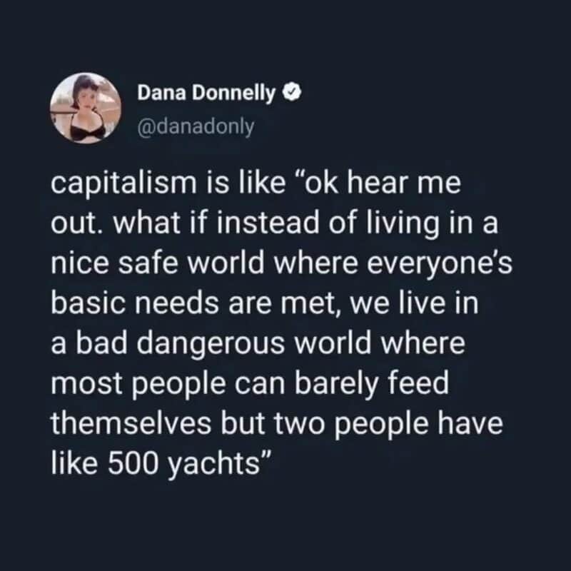 A biting work meme tweet by Dana Donnelly (@danadonly) satirizing the pitch for capitalism as a system where basic needs aren't met but two people have 500 yachts.