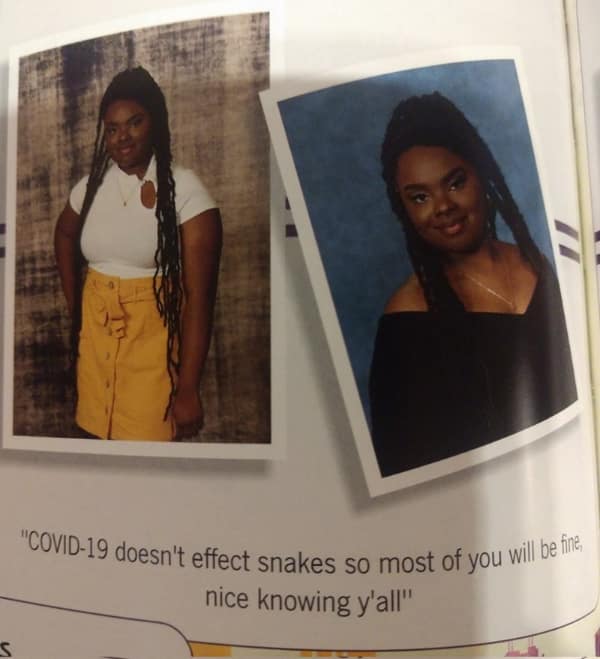 A savage funny yearbook quote featuring a student noting that "COVID-19 doesn't effect snakes," followed by a bitter "nice knowing y'all" to her peers.