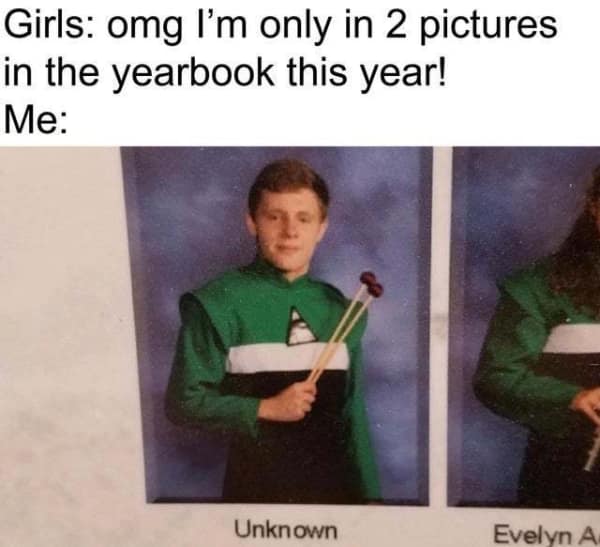 : A tragic funny yearbook quote error where a band student is simply identified as "Unknown" while his peers get their actual names listed.
