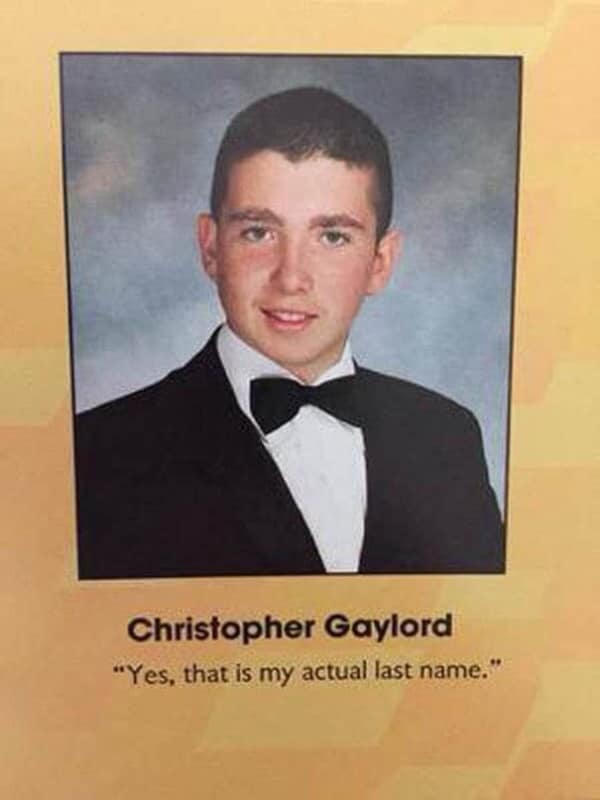 A classic funny yearbook quote by Christopher Gaylord, whose entire caption is dedicated to verifying that his unfortunate last name is, in fact, real.