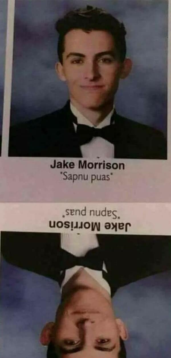 funny yearbook quote by Jake Morrison using the "Sapnu puas" trick—text that looks like a foreign language but reads as "send nudes" when the book is flipped upside down.
