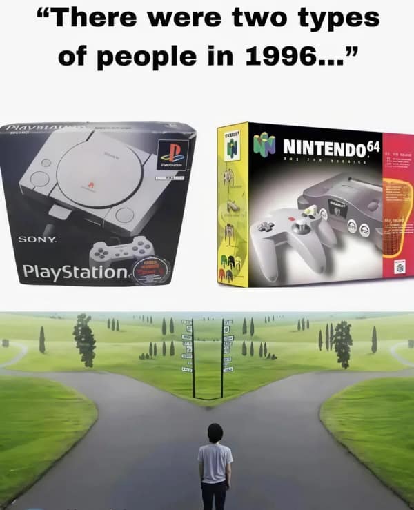 A nostalgic gaming meme showing the box art for the original Sony PlayStation and Nintendo 64 side-by-side above a man standing at a fork in a winding road, representing the 1996 console choice that defined a generation.