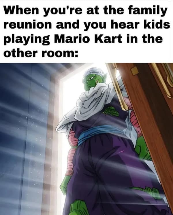 A dramatic gamer meme featuring Piccolo from Dragon Ball Z opening a door with blinding white light behind him, representing a veteran gamer entering a room where the younger kids are playing Mario Kart.