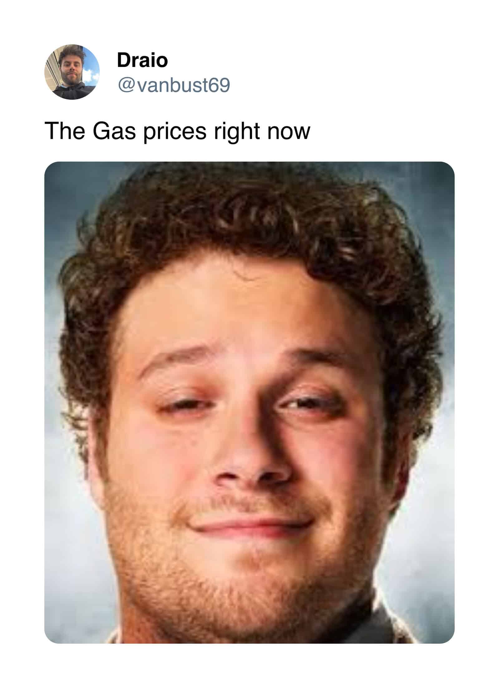 A tweet from Draio showing a photo of Seth Rogen looking dazed and bleary-eyed.
