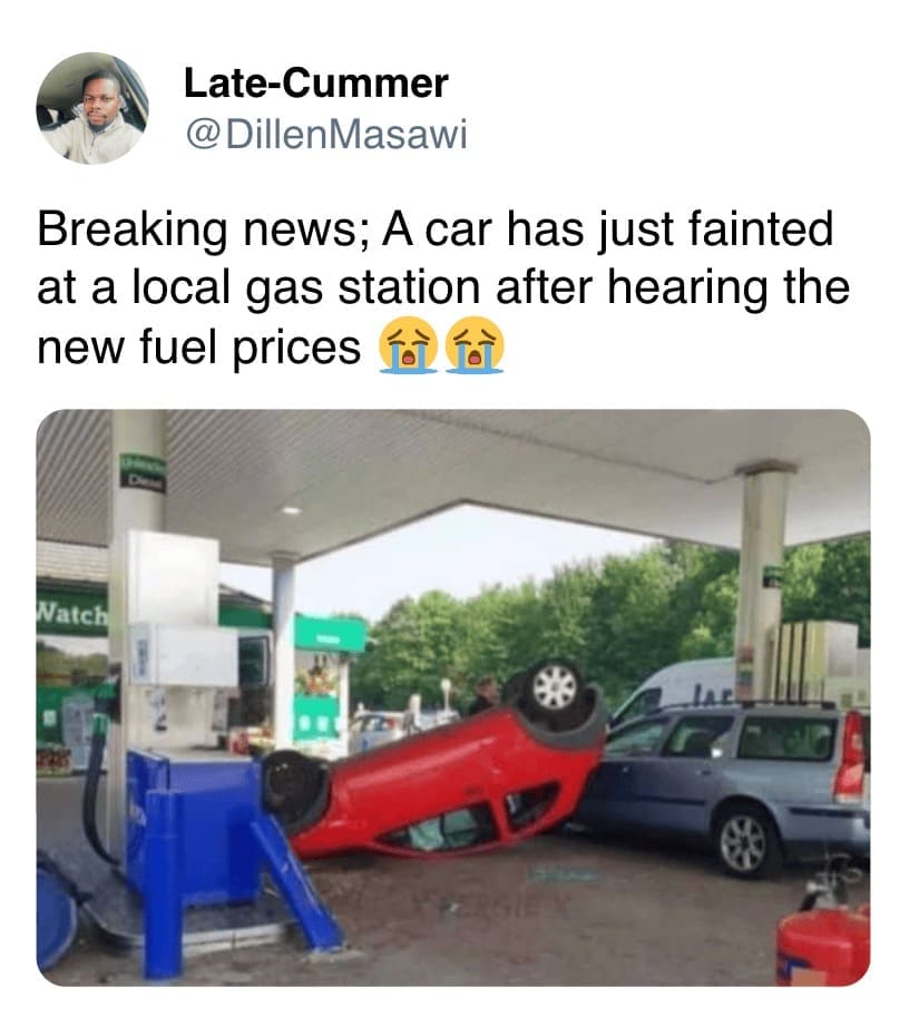 A meme showing a red car flipped upside down at a gas station with a funny caption.