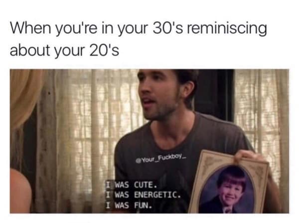Mac from It’s Always Sunny in Philadelphia holding a childhood photo in a getting old meme about the realization that he is no longer the "cute, energetic, and fun" person in the room.