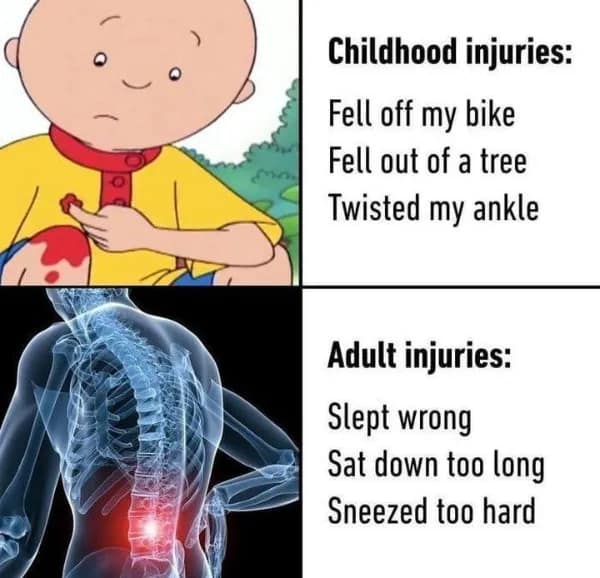 A getting old meme comparing a cartoon child with a bloody knee from a bike accident to a medical X-ray of a human spine glowing red from "sleeping wrong" or "sneezing too hard."