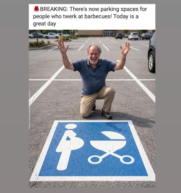 Man kneeling in a parking lot next to a pregnant woman and stroller parking sign.