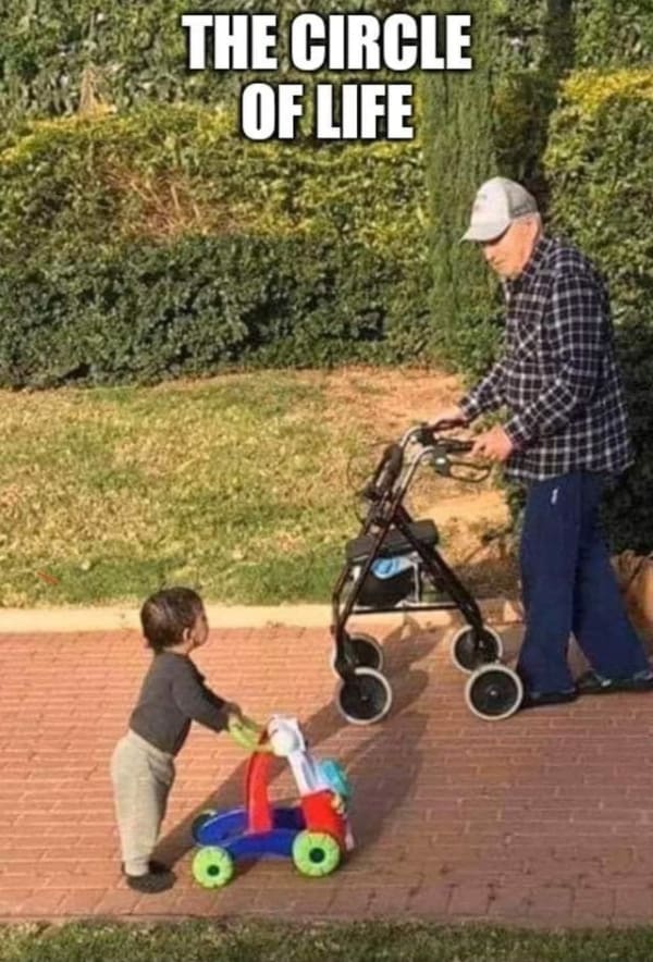 Side-by-side of a toddler with a plastic walker and an elderly man with a rollator.