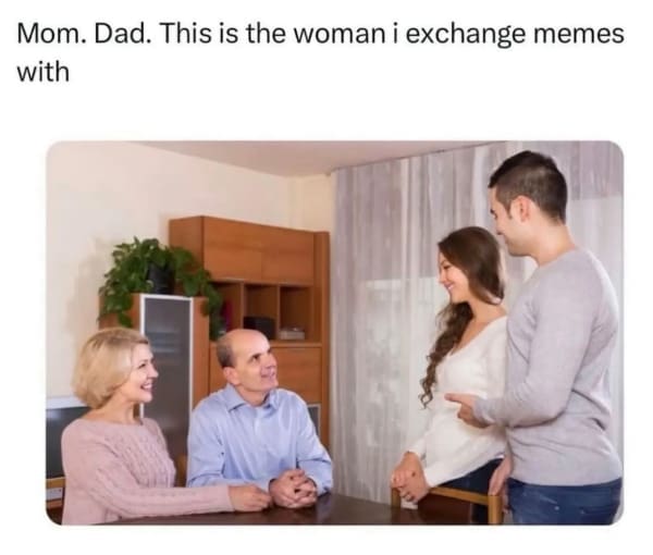 Stock photo of a man introducing a woman to his parents with meme-themed text.