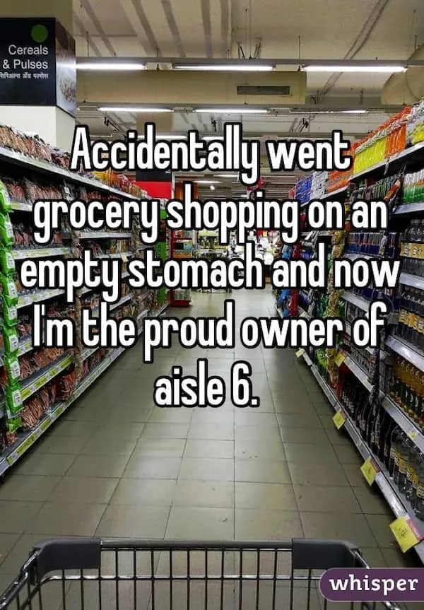 A supermarket aisle with a text overlay about grocery shopping while hungry.