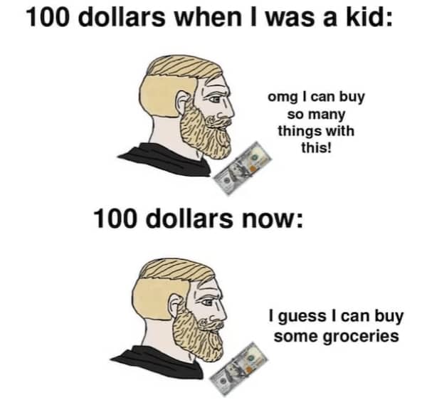 A Wojak meme comparing what 100 dollars bought in childhood versus adulthood.