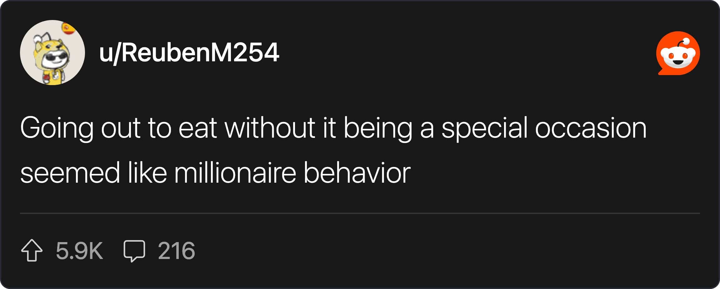 Reddit post text saying going out to eat without it being a special occasion seemed like millionaire behavior.