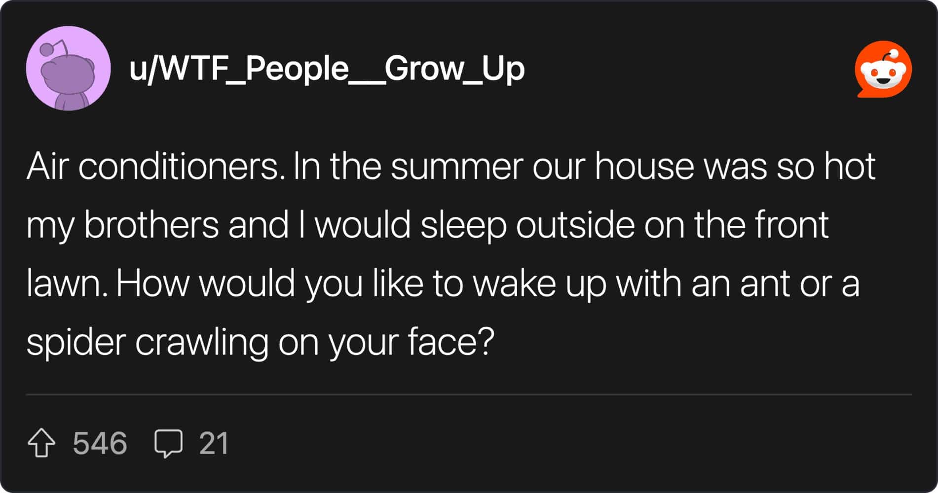 Reddit comment about sleeping on the front lawn in the summer due to lack of air conditioning.