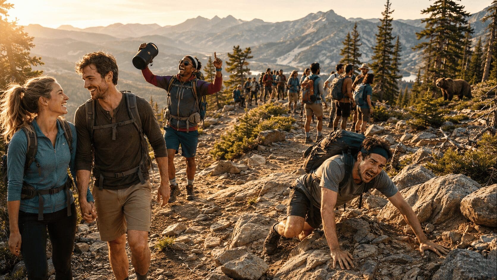 A comprehensive funny hiking memes digital curation gallery exploring the comedic realities of outdoor recreation, highlighted by a hiker ignoring emergency rescue phone calls to avoid an unlisted number, a backpacker scrambling across an arduous, jagged field of rocks, and a viral quote tweet questioning the length of an alpine lunch break.