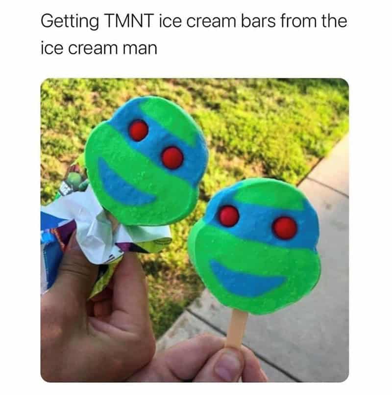 rare and satisfying ice cream meme photo showing two Teenage Mutant Ninja Turtle popsicles that actually look like the characters instead of the usual distorted gum-ball-eyed nightmares.