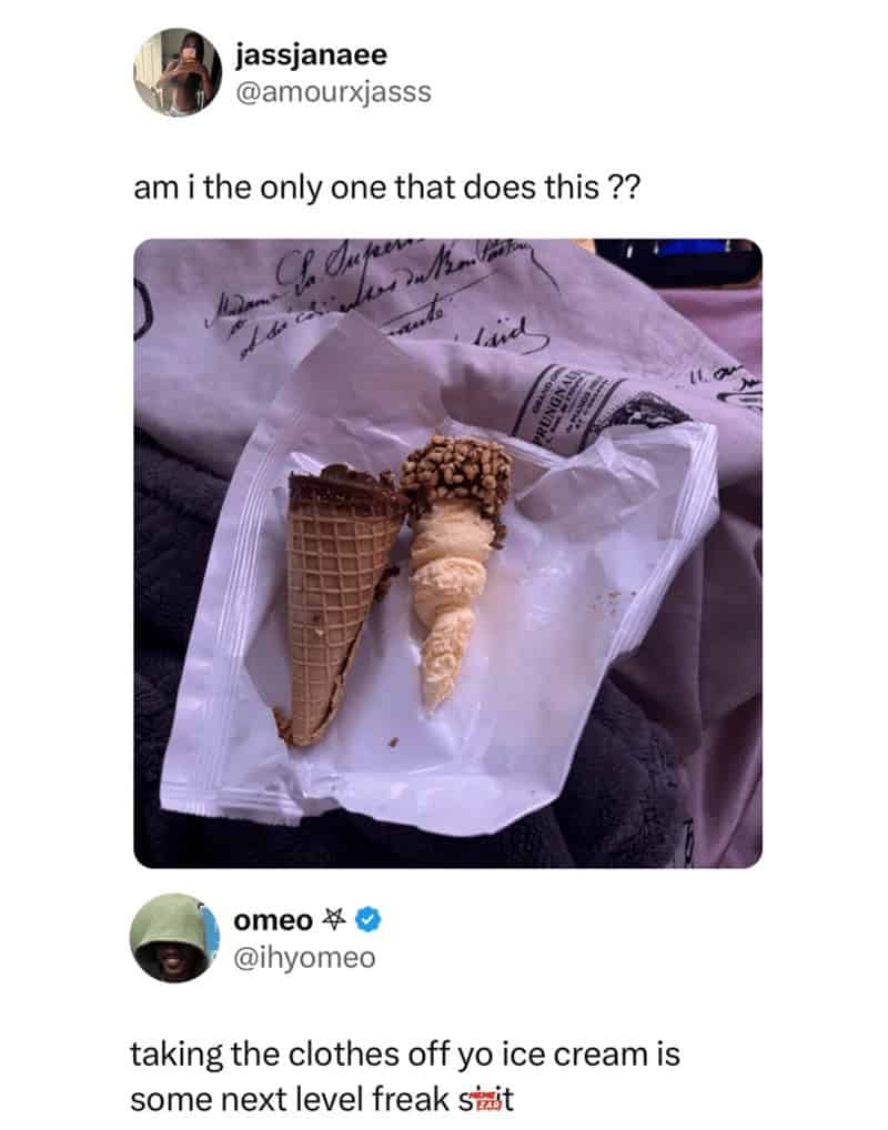 A screenshot of a tweet showing a naked Drumstick cone separated from the ice cream, resulting in a hilarious ice cream meme about "taking the clothes off" your dessert.