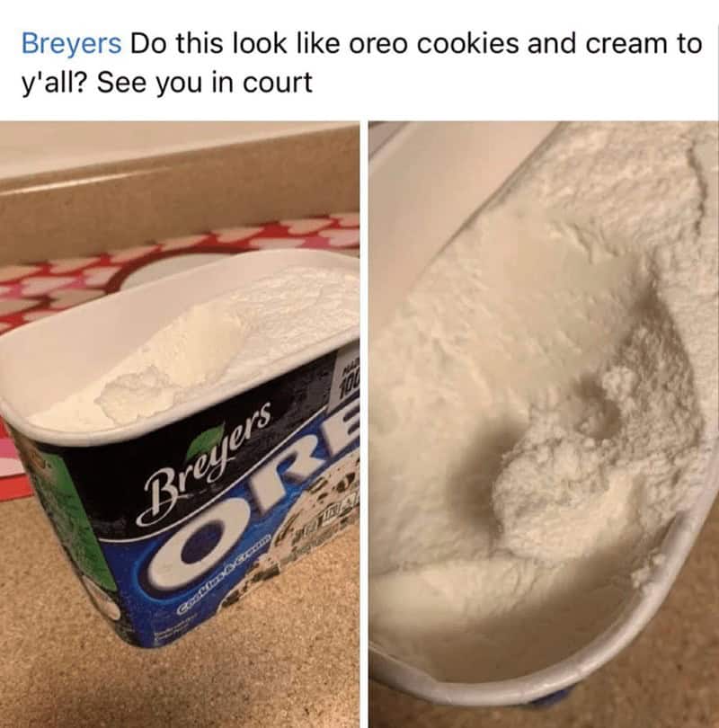 disappointing tub of Breyers Cookies & Cream that is almost entirely plain white, creating a "see you in court" ice cream meme about the lack of Oreos.