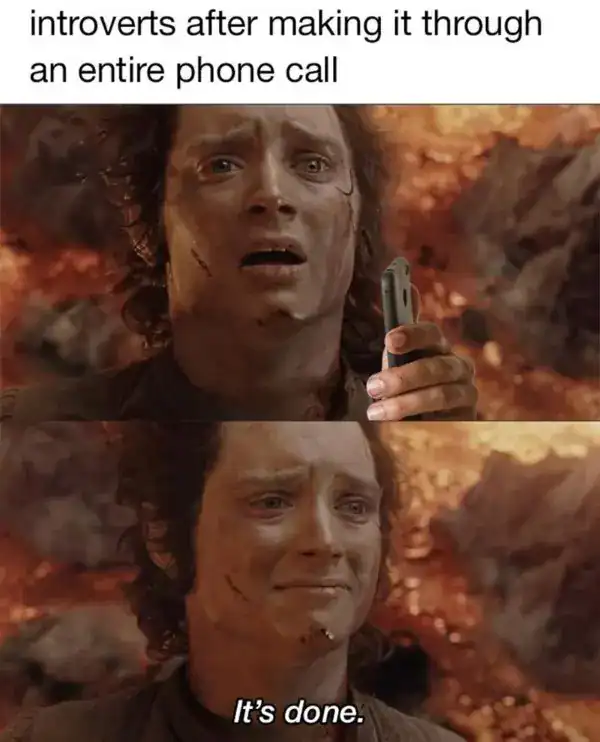 An introvert meme using two panels of Frodo Baggins from The Lord of the Rings, looking sweaty, exhausted, and tearful. In the top panel, he holds a smartphone; in the bottom, he says, "It's done," describing the feeling of finishing a single phone call.