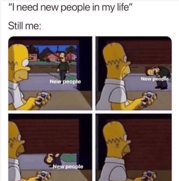 introvert meme using a four-panel template from The Simpsons. Homer Simpson happily uses a remote control to close his garage door as soon as he sees "New people" walking down the street toward him.